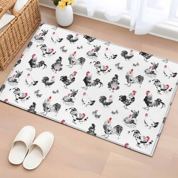 Farmhouse Bathroom Rug Washable 2x3 Entryway Rug Non Slip Watercolor Chicken Country Bird Animals Front Door Mat Low Pile Indoor Doormat Throw Floor Carpet for Kitchen Bedroom Entrance