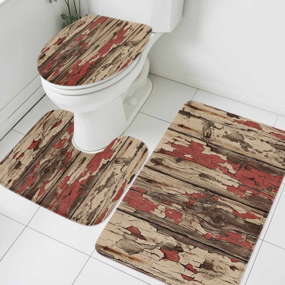 Farmhouse Bathroom Rugs Set Country Rustic Shabby Chic Retro Wooden Texture Non Slip Absorbent Soft Bath Mats 3 Piece Set with Bathroom Rug, U-Shaped Floor Mat, Toilet Seat Cover Small Size