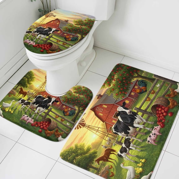 Farmhouse Bathroom Rugs Set Rustic Dairy Cow Pig Chicken Country Duck Horse Red Barn Non Slip Absorbent Soft Bath Mats 3 Piece Set with Bathroom Rug, U-Shaped Floor Mat, Toilet Seat Cover Small Size