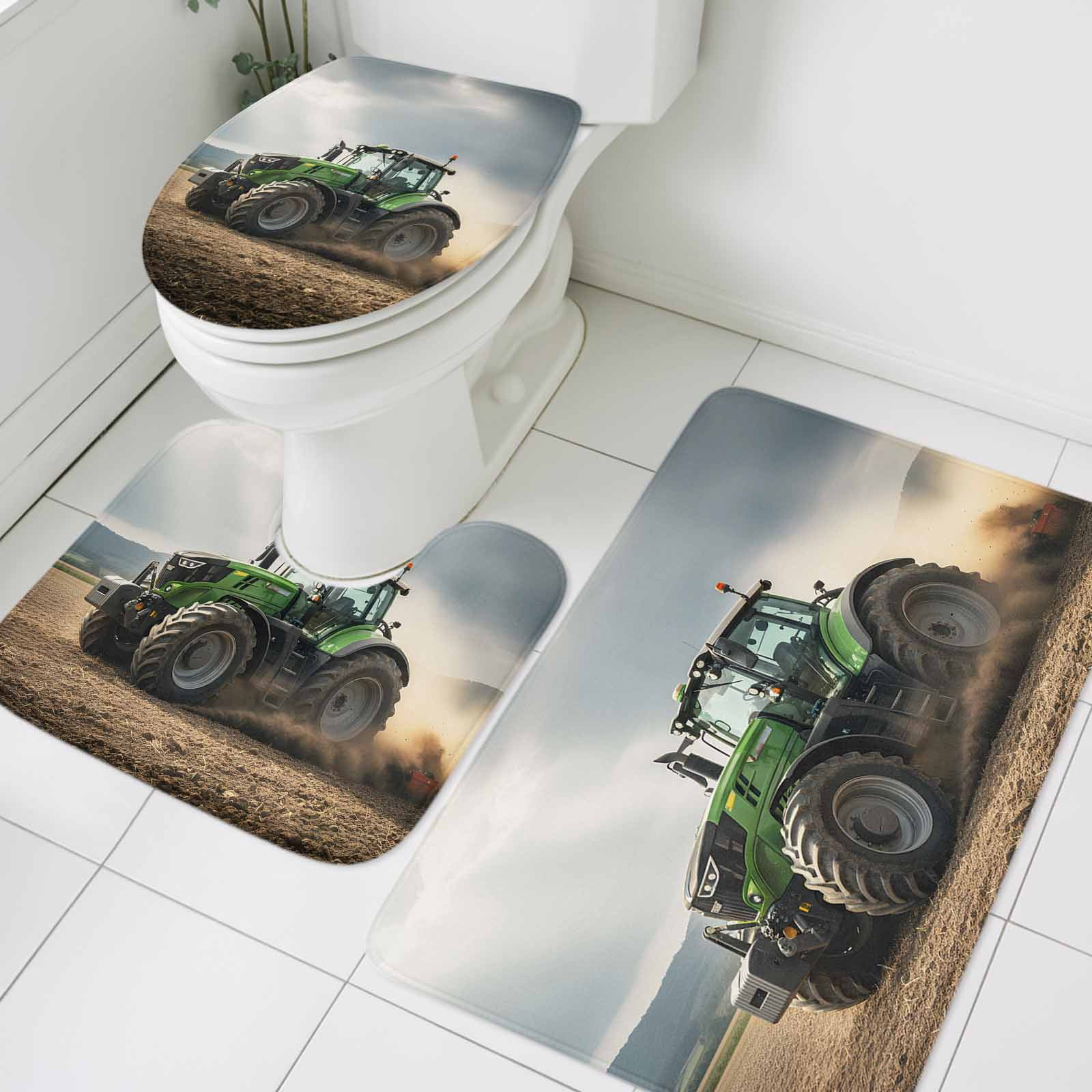 Farmhouse Bathroom Rugs Set Rustic Green Bulldozers Realistic Farmland ...
