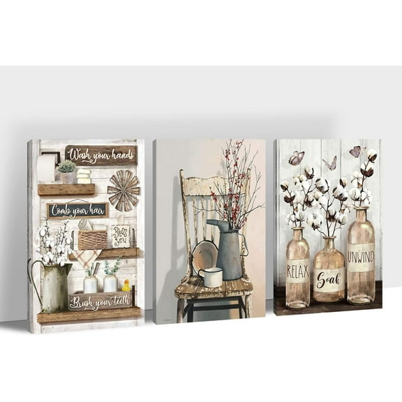 Farmhouse Bathroom Rule Wall Canvas Art, Vintage Style Bathroom Wall Decor with Humorous Quotes - Rustic Bathroom Signs Funny Bath Laundry Framed Canvas Ready to Hang 12''x18''x3Pcs