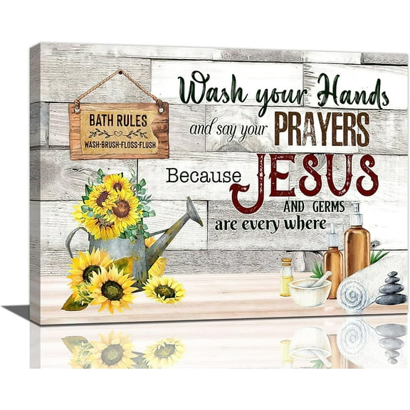 Farmhouse Bathroom Rules Decor Wall Art Rustic Country Sunflower Funny Bathroom Sign Pictures Christian Jesus Wall Decor Canvas Painting Prints Artwork Decorations Framed for Bathroom Toilet 16"x12"