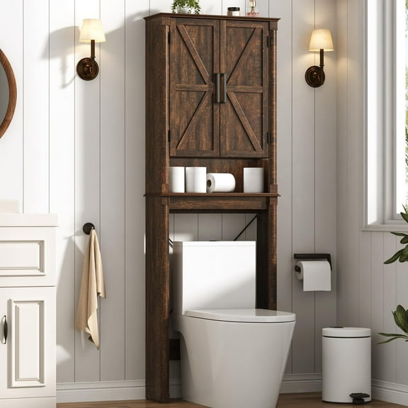 Over The Toilet Storage Cabinet with 2 Barn Doors, Farmhouse Wood Bathroom Storage Cabinet with Roman Column Decor, Over Toilet Bathroom Organizer with Adjustable Shelf & Door Cabinets, Rustic Brown