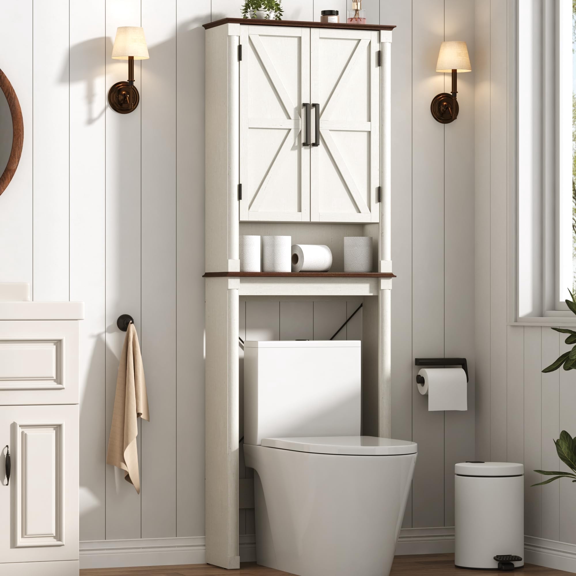 Over The Toilet Storage Cabinet with 2 Barn Doors, Farmhouse Wood Bathroom Storage Cabinet with Roman Column Decor, Over Toilet Bathroom Organizer with Adjustable Shelf & Door Cabinets, Rustic White