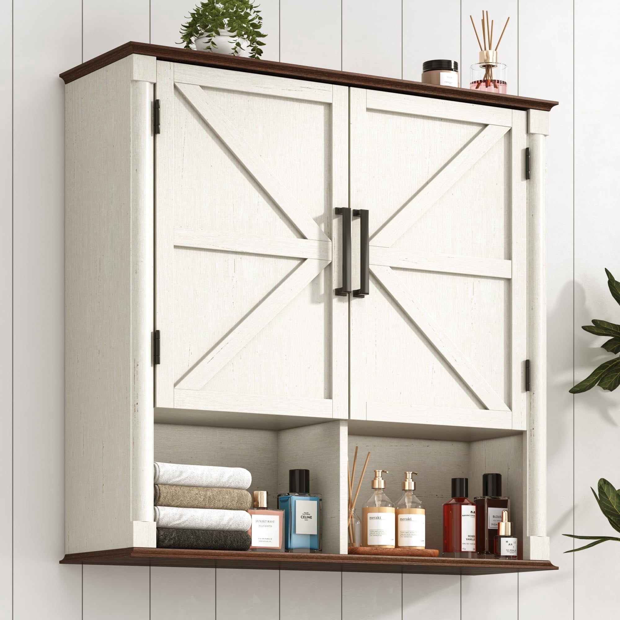 Farmhouse Wall Medicine Cabinets with 2 Barn Doors, Wood Bathroom Storage Cabinet with Roman Column Decor,Farmhouse Double Storage Cabinets with Adjustable Shelf & Door Cabinets, Rustic White