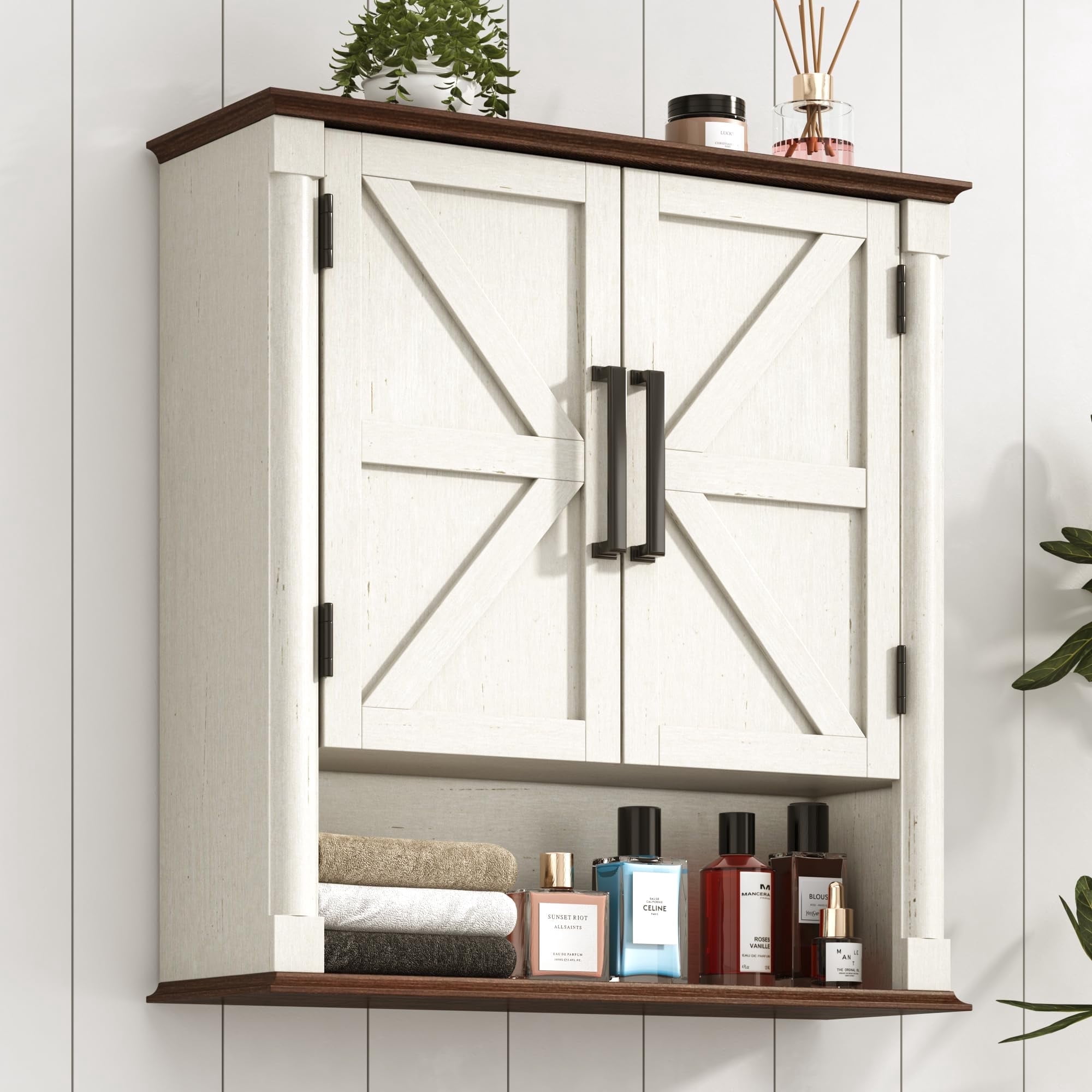 Farmhouse Wall Medicine Cabinets with 2 Barn Doors,Wood Bathroom Storage Cabinet with Roman Column Decor, Farmhouse Storage Cabinets with Adjustable Shelf & Door Cabinets, Rustic White