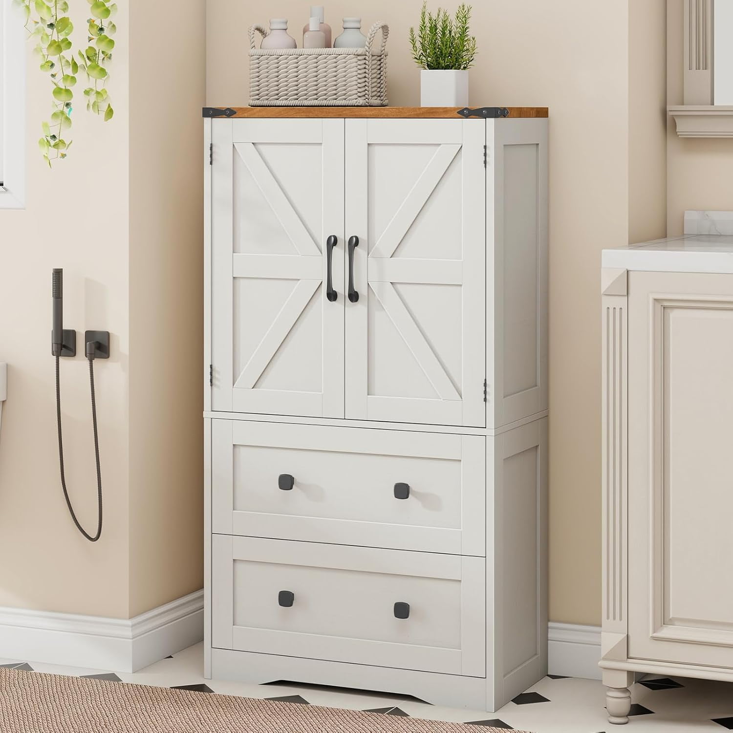 Farmhouse Bathroom Storage Cabinet with 2 Big Drawers and Barn Doors ...