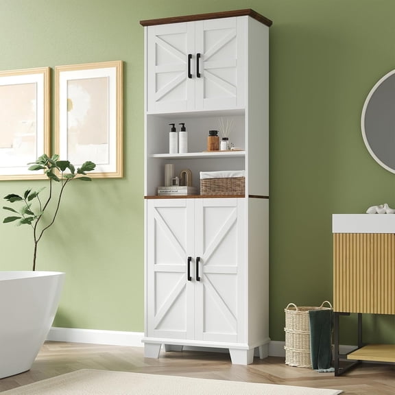 Farmhouse Bathroom Storage Cabinet, 67.9" Tall Freestanding Cabinet with 7 Adjustable Shelves & Barn Doors, Multipurpose Pantry Cupboard for Kitchen, Bathroom, Living Room, Dining Room