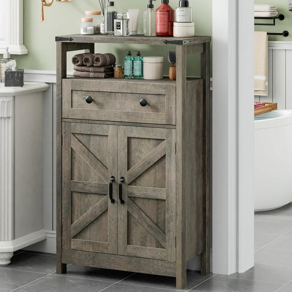 Farmhouse Bathroom Storage Cabinet with Barn Doors, Bathroom Storage Organizer with Drawers, Rustic Freestanding Floor Cabinet for Kitchen, Living Room, Grey