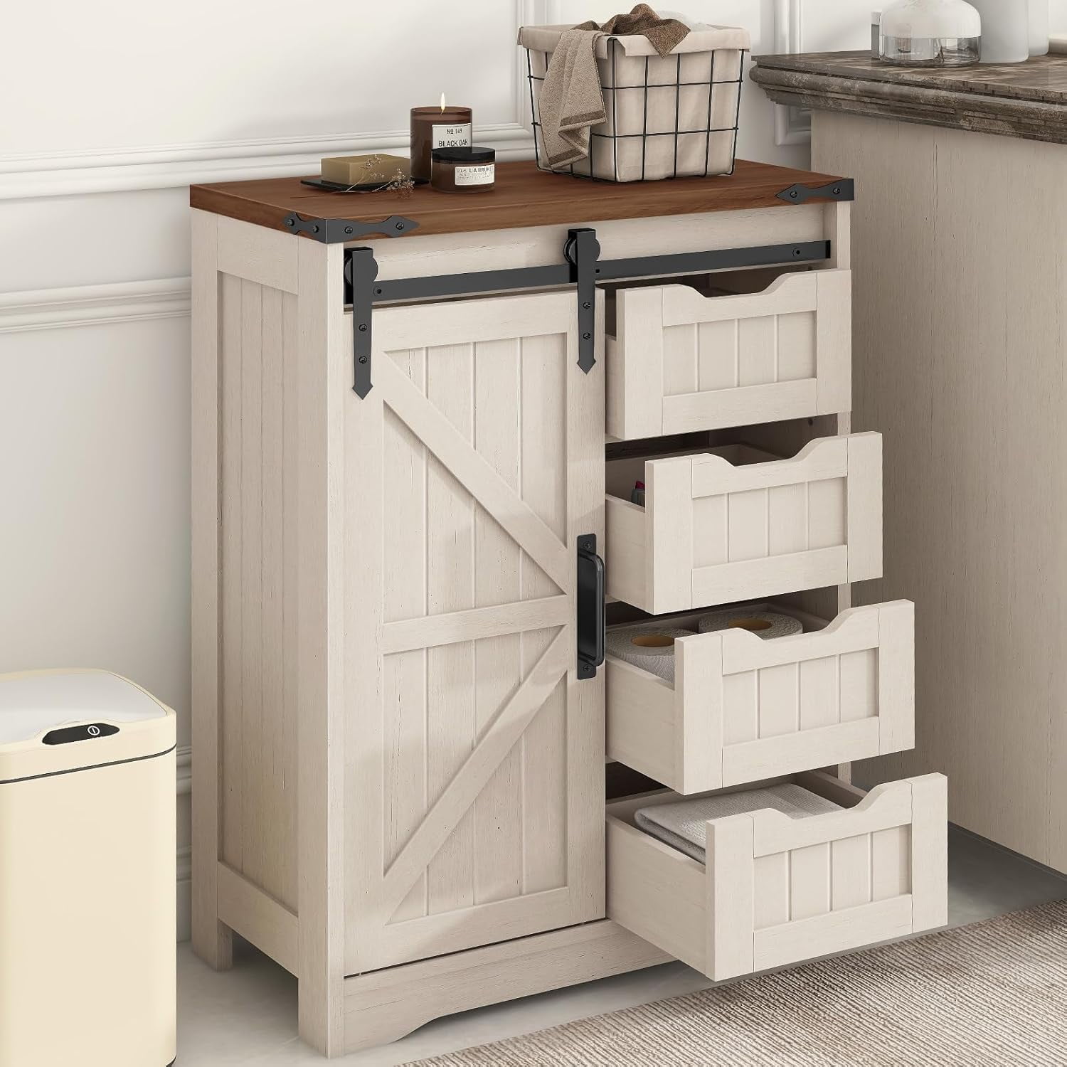 Farmhouse Bathroom Storage Cabinet, Bathroom Cabinet with 4 Drawers and Sliding Door, Farmhouse Floor Storage Organizer for Kitchen, Living Room, Rustic Style, White