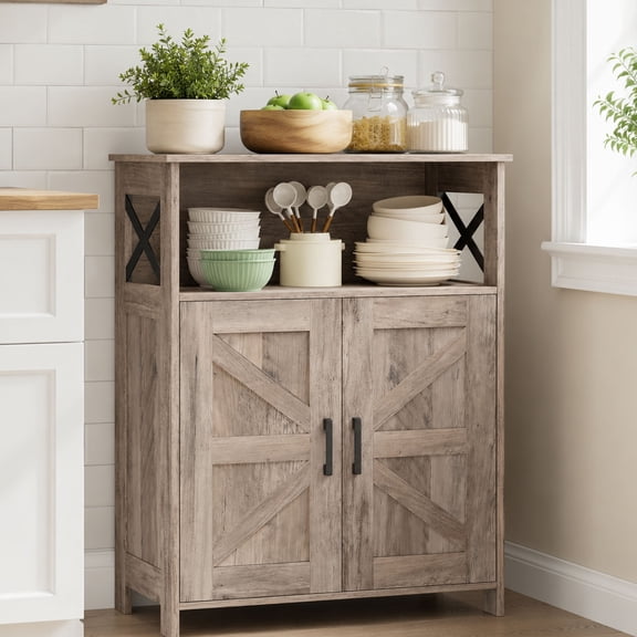 Farmhouse Bathroom Storage Cabinet with Doors, Small Floor Cabinet | Toilet Paper Cabinet with Adjustable Shelf, Freestanding Storage Cabinet for Kitchen/Laundry/Living Room, 24"W, Greige