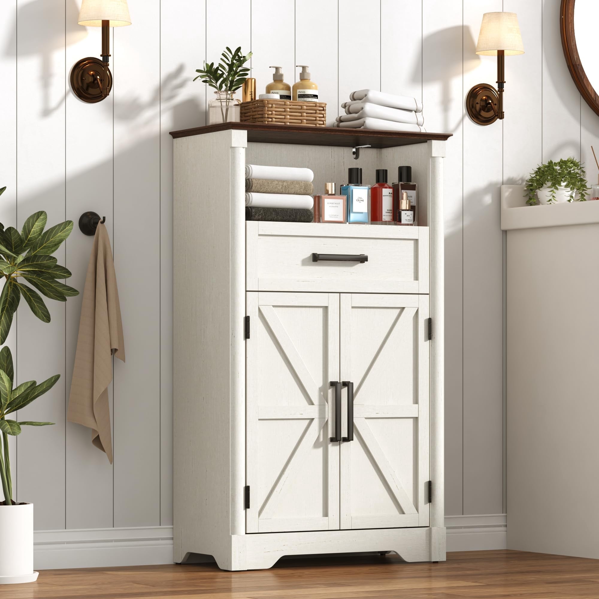 Farmhouse Floor Storage Cabinet with Drawers & 2 Barn Doors, Wood Bathroom Storage Cabinet with Roman Column Decor, Farmhouse Storage Cabinets with Adjustable Shelf & Door Cabinets, Rustic White
