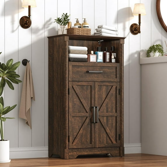Farmhouse Floor Storage Cabinet with Drawers & 2 Barn Doors, Wood Bathroom Storage Cabinet with Roman Column Decor, Farmhouse Storage Cabinets with Adjustable Shelf & Door Cabinets, Rustic Brown