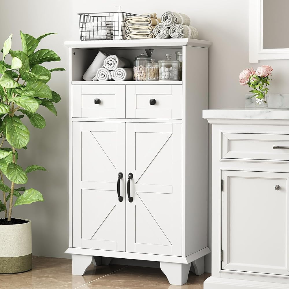 Farmhouse Bathroom Storage Cabinet, Freestanding Bathroom Floor Cabinet with Doors and Drawers, 41.3" H Bathroom Organizer with Adjustable Shelf, White