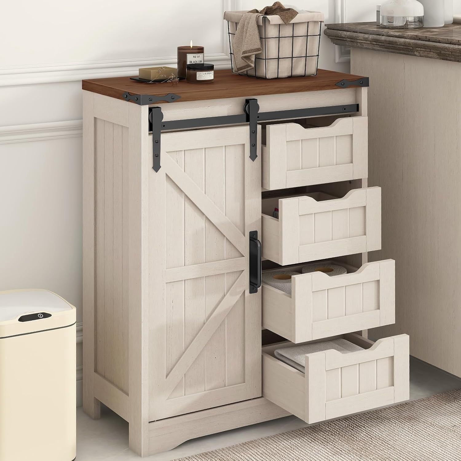 Farmhouse Bathroom Storage Cabinet with 4 Drawers & Sliding Door, Floor ...