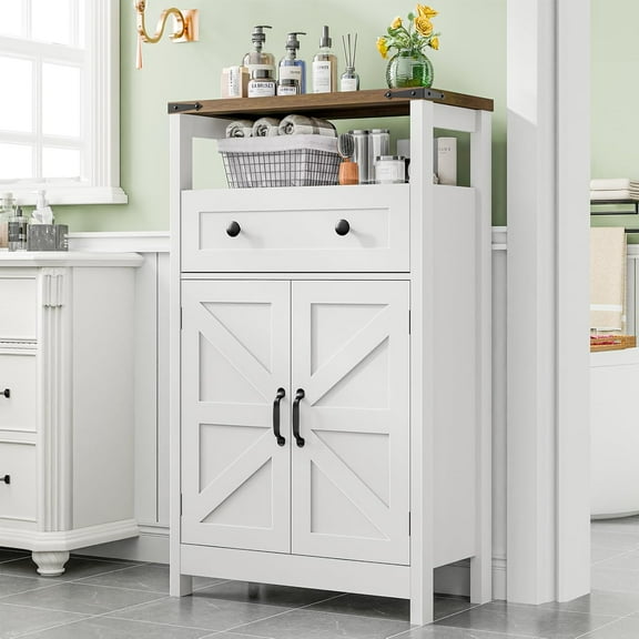 Farmhouse Bathroom Storage Cabinet with Barn Doors and Drawers, Rustic Freestanding Floor Cabinet for Kitchen, Living Room, White