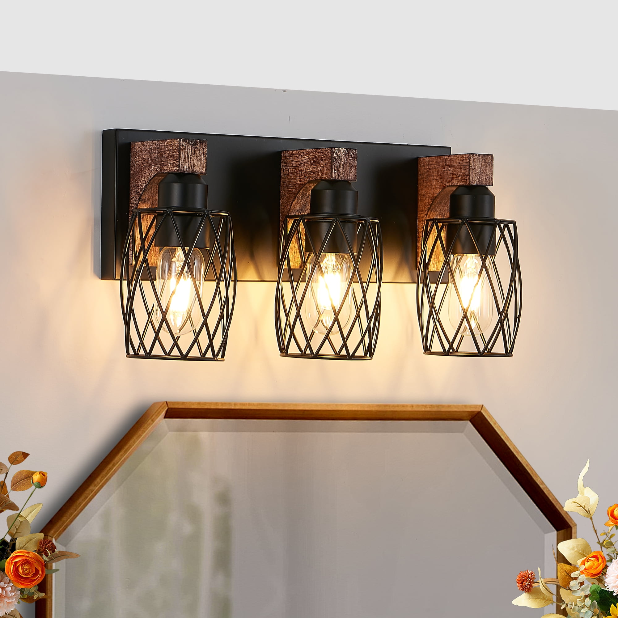 Farmhouse Bathroom Vanity Light 3-Light Wood Bathroom Light Fixtures ...