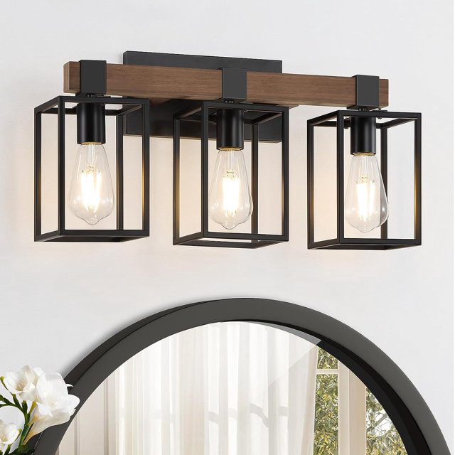 Farmhouse Bathroom Vanity Light Fixtures, 3Light Industrial Wood Wall