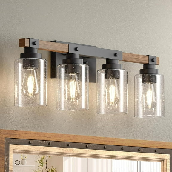 Farmhouse Bathroom Vanity Light Fixtures,Rustic 4-Light Industrial Painted Wood Lights,Vintage Black Wall Sconces Bathroom Vanity Lighting with Bubble Glass Shade