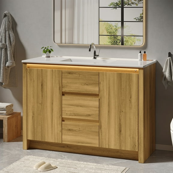 Farmhouse Bathroom Vanity with Sink Combo, 48 inch Freestanding Bathroom Vanities with Auto Motion Sensor LED Light, Single Bath Storage Vanit with Integrated Ceramic Basin, Door & 3 Drawers