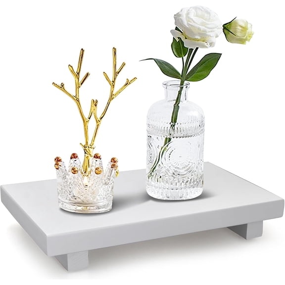 Farmhouse Bathroom Vanity Tray Wooden Kitchen Soap Sink Trays Wood Riser | Pedestal Stand Dish Soap Dispenser Holder for Kitchen Counter Decor White Bathroom Organizer Accessories Decorative Tray