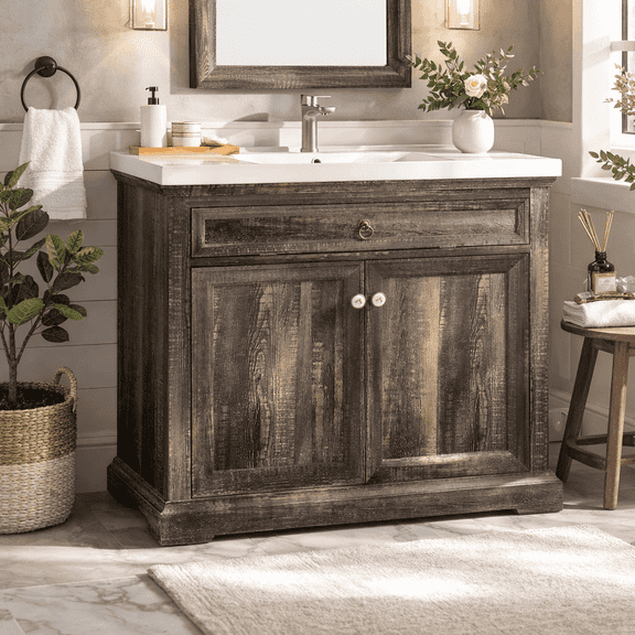 Farmhouse Bathroom Vanity with Sink, 2-Door Cabinet and Storage Drawer, Rustic Wood Bathroom Cabinet