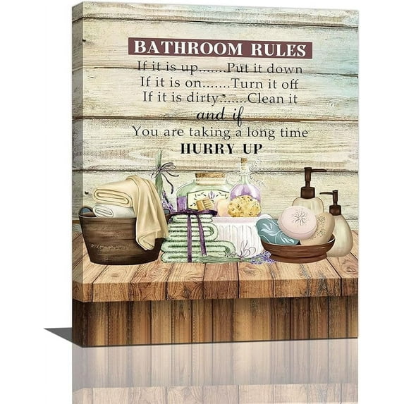 Farmhouse Bathroom Wall Art Bathroom Pictures Wall Decor Bathroom Rules Sign Canvas Prints Bathroom Decoration Painting Modern Framed Artwork for Bathroom Toilet Restroom 12"x16"