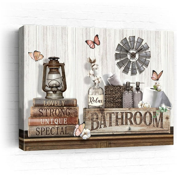 Farmhouse Bathroom Wall Art Decor Rustic Flower and Butterfly Bathroom Pictures Canvas Print Framed Artwork Country Bathroom Decor Wall Art Soak Relax Unwind Wall Art for Bathroom 12"x16"