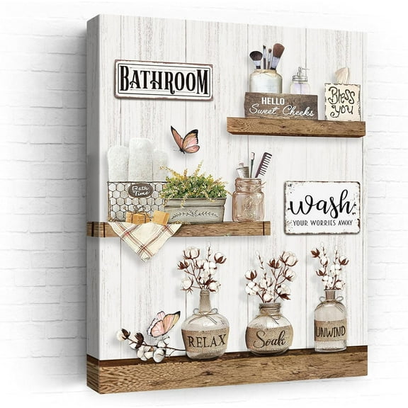 Farmhouse Bathroom Wall Art Decor Rustic Flower and Butterfly Bathroom Pictures Canvas Print Framed Artwork Country Bathroom Decor Wall Art Soak Relax Unwind Wall Art for Bathroom 8"x10"