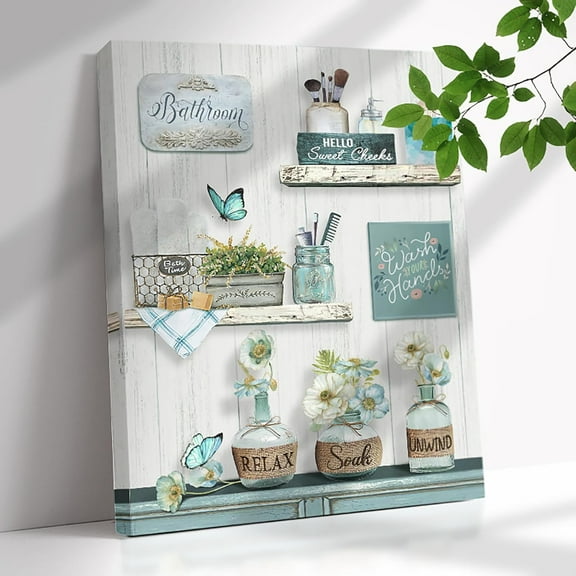 Farmhouse Bathroom Wall Art Decor Rustic Flower and Butterfly Bathrooms Pictures Canvas Print Framed Artwork Country Bathroom Decor Wall Art Soak Relax Unwind Wall Art 16"x20"