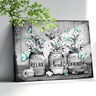 Farmhouse Bathroom Wall Art Decor Rustic Flower and Butterfly Bathrooms Pictures Canvas Print Framed Artwork Country Bathroom Decor Wall Art Soak Relax Unwind Wall Art 16"x20"