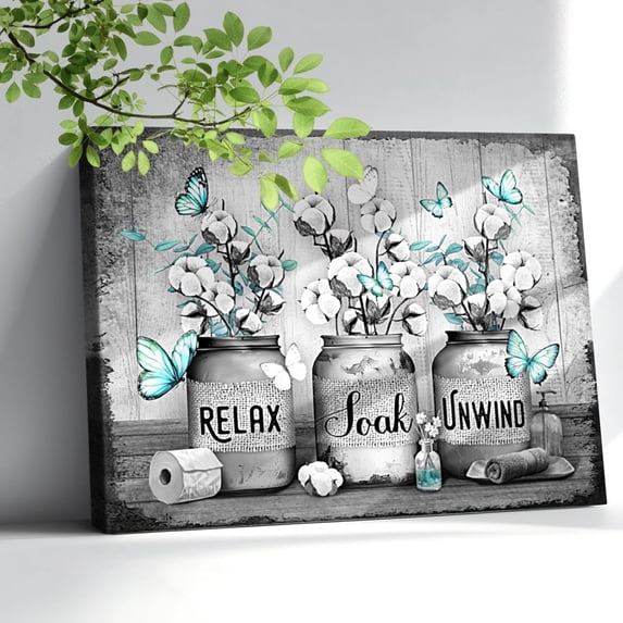 Farmhouse Bathroom Wall Art Decor Rustic Flower and Butterfly Bathrooms Pictures Canvas Print Framed Artwork Country Bathroom Decor Wall Art Soak Relax Unwind Wall Art 16"x20"