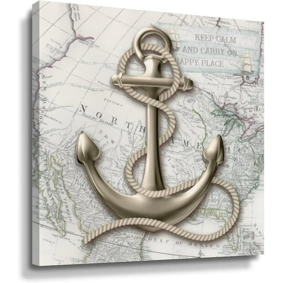 Farmhouse Bathroom Wall Art Decor Vintage Nautical Anchor on World Map Poster Print on Canvas Coastal Ocean Beach Picture Painting Rustic Wall Decor for Living Room Bedroom Nursery 14x14in