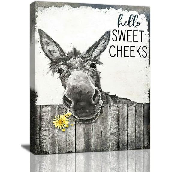 Farmhouse Bathroom Wall Art Donkey Poster Funny Donkey Pictures for Wall Rustic Canvas Print Black and White Painting Animal Wall Décor Country Vintage Framed Artwork 8"x12"