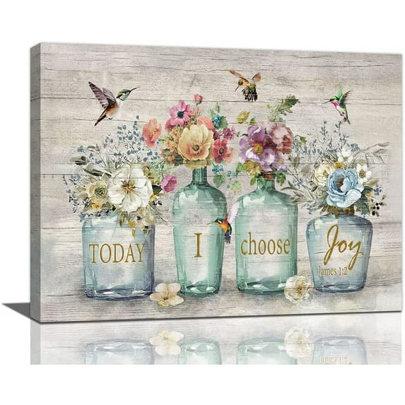 Farmhouse Bathroom Wall Art Flower Hummingbird Floral Pictures Decor Inspirational Quotes Mason Jar Canvas Painting Print Artwork Modern Home Framed for Living room Bedroom 12''''X16''''