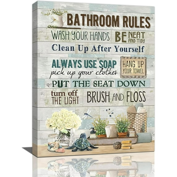 Farmhouse Bathroom Wall Art Flower Pictures Wall Decor Bathroom Rules Inspirational Quotes Canvas Painting Print Artwork Modern Home Decor Framed for Bathroom 12inx16in