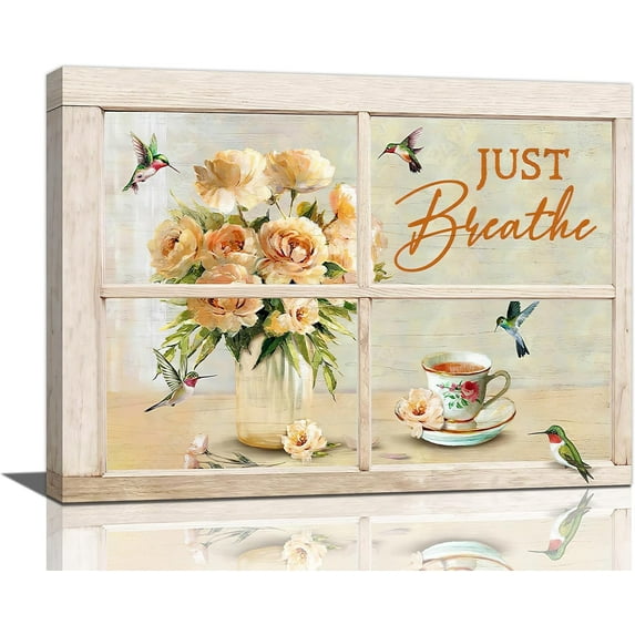 Farmhouse Bathroom Wall Art Just Breath Rose Hummingbird Pictures Wall Decor Inspirational Quotes Canvas Painting Print Artwork Modern Home Decor Framed for Living room Bedroom 16"×12"