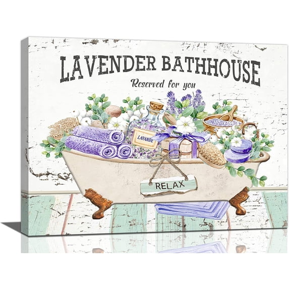 Farmhouse Bathroom Wall Art Purple Lavender Bathroom Wall Decor Canvas Pictures Paintings Country Decor Framed Artwork for Bathhouse Ready to Hang 12"x16"