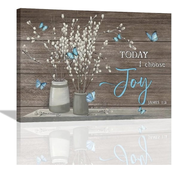 Farmhouse Bathroom Wall Art Rustic Blue Butterfly Cotton Flower Pictures Wall Decor Today I Choose Joy Canvas Painting Print Inspirational Quotes Artworks Decor Framed for Bedroom Living Room 16"x12"