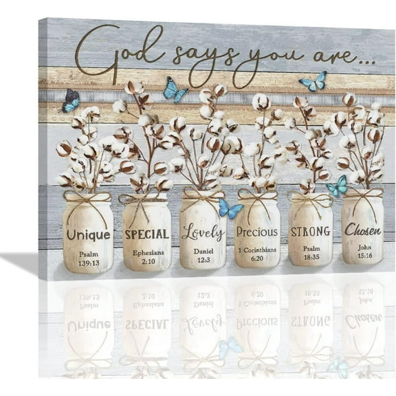 Farmhouse Bathroom Wall Art Rustic Cotton Flowers Mason Jar Bathroom Wall Decor God Says You Are Pictures Painting Print Framed Artwork for Bathroom Living Room Bedroom 12"x16"