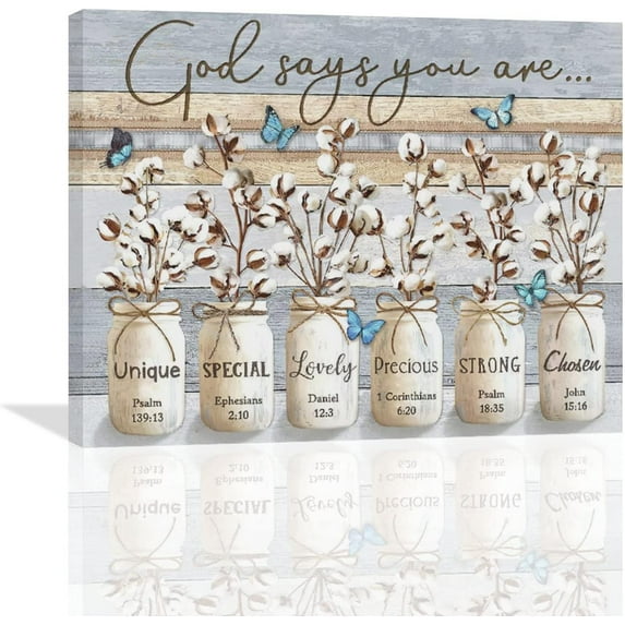 Farmhouse Bathroom Wall Art Rustic Cotton Flowers Mason Jar Bathroom Wall Decor God Says You Are Pictures Painting Print Framed Artwork for Bathroom Living Room Bedroom 16"x20"