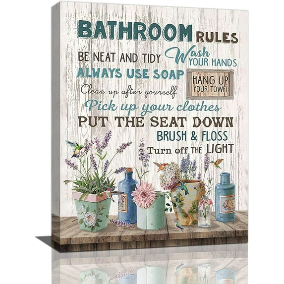 Farmhouse Bathroom Wall Art Rustic Country Floral Bathroom Rules Pictures Wall Decor Farmhouse Flower Hummingbird Bathroom Sign Canvas Prints Painting Modern Home Framed Artwork for Bathroom Toilet