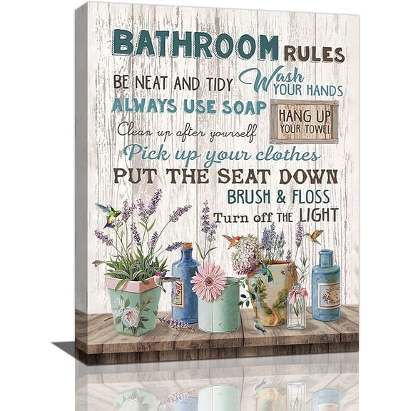 Farmhouse Bathroom Wall Art Rustic Country Floral Bathroom Rules Pictures Wall Decor Farmhouse Flower Hummingbird Bathroom Sign Canvas Prints Painting Modern Home Framed Artwork for Bathroom Toilet