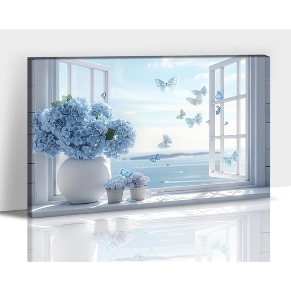 Farmhouse Bathroom Wall Art, Rustic White Flower in Bottle Pictures Prints for Bedroom Canvas Wall Decor, Framed Vintage Floral Plants in Blue Ocean Painting Posters for Room Artwork