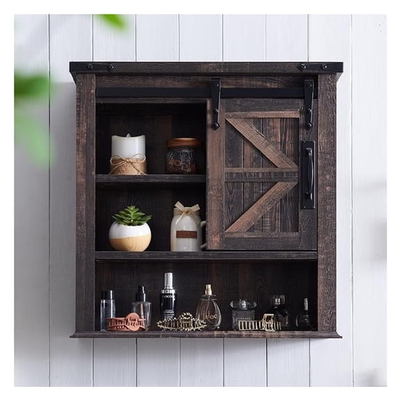 Farmhouse Bathroom Wall Cabinet, 24" Wide Medicine Cabinet with Adjustable Shelves & Sliding Barn Door, Rustic Wall Cabinet for Living Room, Bathroom, Kitchen, Dark Rustic Oak