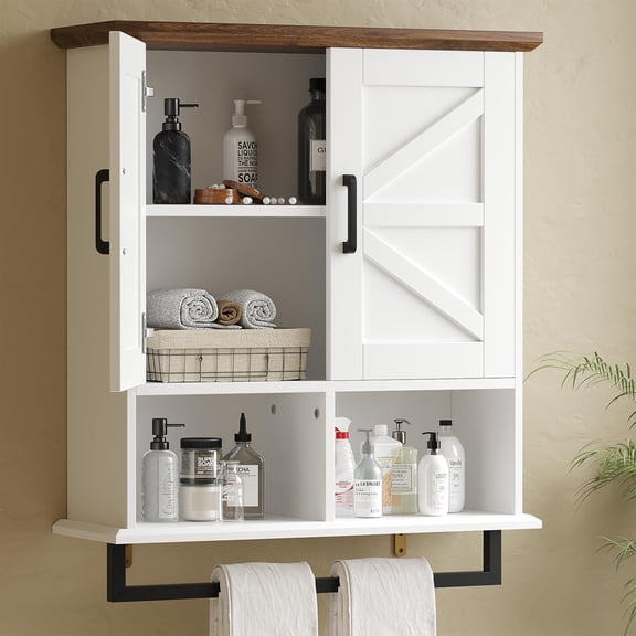 SELOOYE Farmhouse White Wall Mounted Over The Toilet Medicine Cabinet with Adjustable Shelves and Towel Racks, 28.3 x 23.6 x 11.8 in