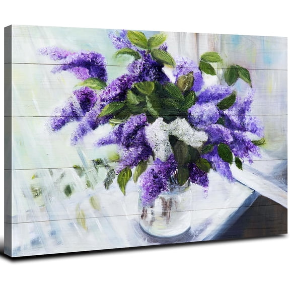 Farmhouse Bathroom Wall Decor Purple Floral Wall Art Abstract Texture Mason Jar Lavender Flower Botanical Pictures Green Plant Leaf Canvas Print Painting for Bedroom Living Room Home Decoration 12x16