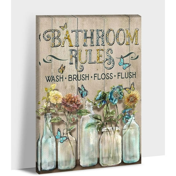 Farmhouse Bathroom Wall Decor - Rules Art, Dragonfly Canvas Prints Teal Pictures for Country Decor, Funny Bath Laundry Framed Artwork Rustic Home Décor S(12x18 Inches)