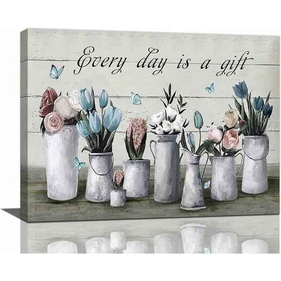 Farmhouse Bathroom Wall Decor Rustic Bathroom Decor Wall Art Blue Butterfly Floral Pink Flower Pictures Canvas Prints Country Painting Bathroom Pictures for Wall Modern Framed Decor 16''''x12''''