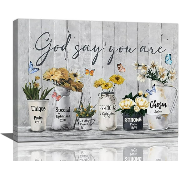 Farmhouse Bathroom Wall Decor Rustic Country Flower Floral Bathroom Pictures Wall Art God Says You Are Canvas Print Painting Framed Home Artwork For Bedroom Kitchen Office 16"x12"
